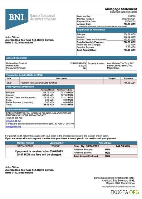 Modèle Word et PDF de relevé hypothécaire de la Banco Nacional de Investimento (BNI) du Mozambique